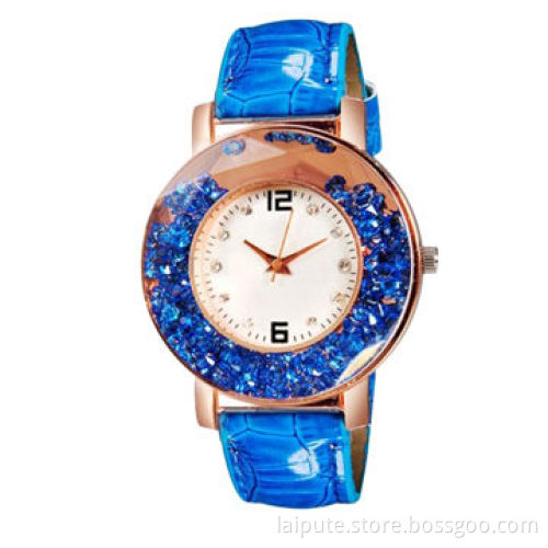 Wholesale Women Rolling Bead Decorated Round Analog Watch with Leather Strap IPG Plating (Blue)